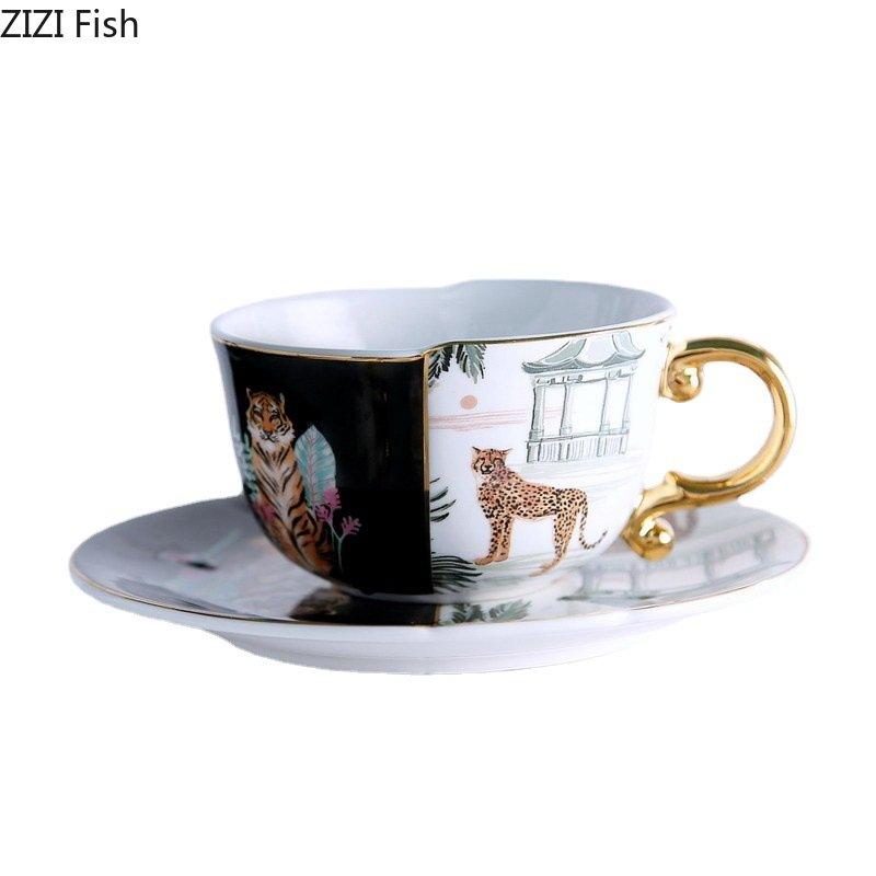 Watercolor Tiger and Leopard Ceramic Cups Gold-plated Coffee Cup Painted Mugs Afternoon Tea Teacup Milk Fruit Juice Container