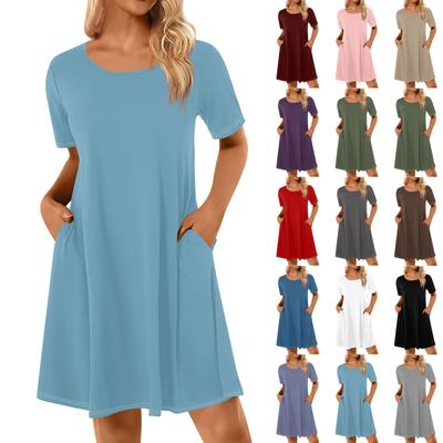 Women's Solid Color Printed Casual Dresses Summer Short Sleeve Round Neck Dresses