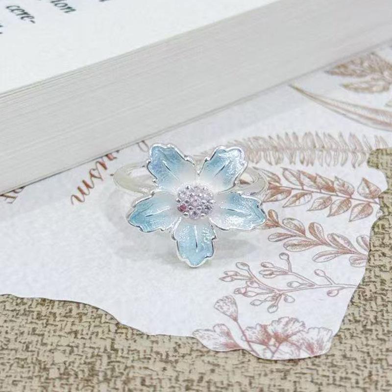 Small Fresh Mori Glacier Blue F Enamel Flower Gradual Change Opening Ring Female Light Luxury Cold Wind Sweet Cool Index Finger