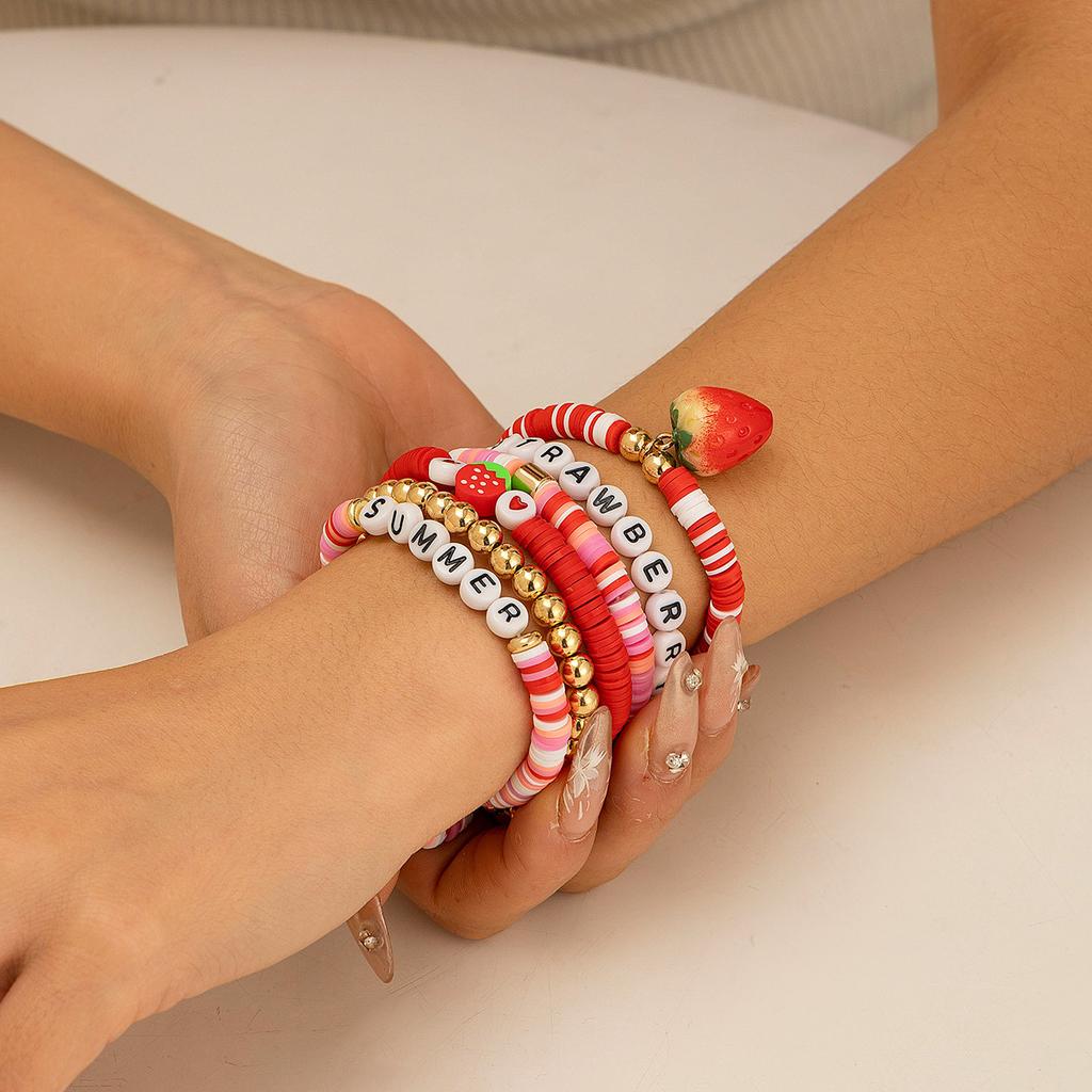 Sweet Cool Wind Strawberry Soft Pottery Beaded Bracelet Female Bohemian Letter Elastic Bracelet