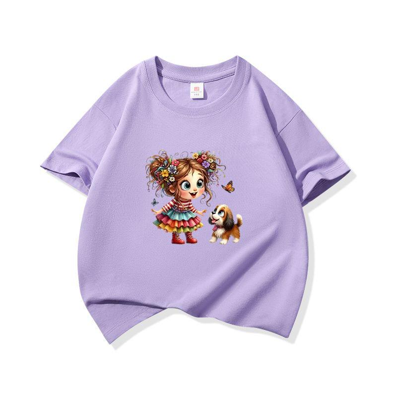 Kids Cotton T Shirt Girl Wear Colorful Dress With Puppy Dog Print Crew Neck Short Sleeve Tee Casual Boys Girls Summer Tops