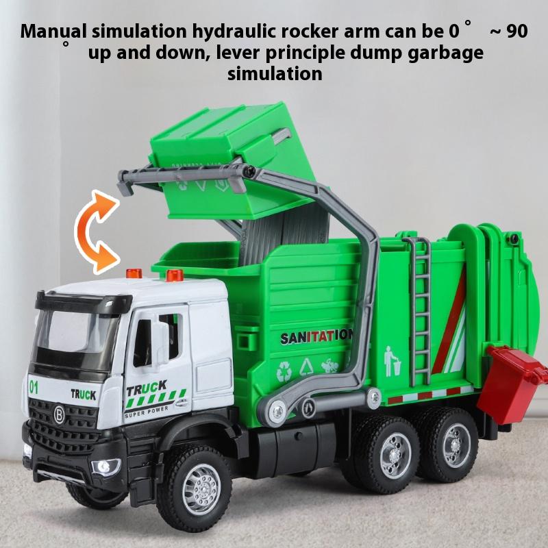 1/35 Urban Sanitation Vehicle Garbage Truck Model Metal Die Casting Engineering Vehicle Simulation Sound and Light Halloween Toy
