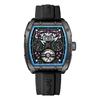 Tonneau Skeleton Tourbillon Mechanical Watch Waterproof Rubber Strap Pin Buckle for Men Wristwatch