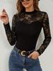 2025 Autumn/Winter Lace Patchwork Long Sleeve Stand Collar Women's T-shirt