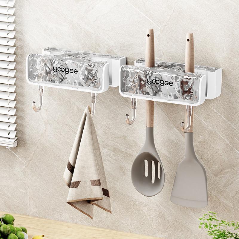 Water Ripple No-Drill Luxury Double-Head Mop Holder, Wall Mount Bathroom Broom Holder Adhesive Storage Rack