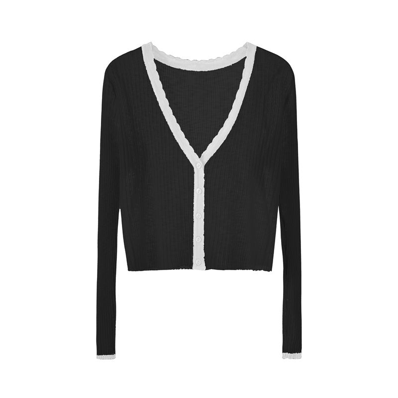 

Summer Thin Ice Silk Knitted Cardigan Women s Short Contrast Color Long Sleeves Outer Match Shawl Small Sun Protection Top Outwear Black M