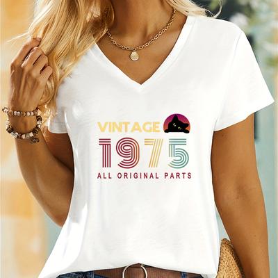 Vintage 1971 To 1980 Graphic T Shirts Women Classic Graphic Retro Birthday Gift for Mom Cute Cat Print Vintage 1975 Woman Tshirt