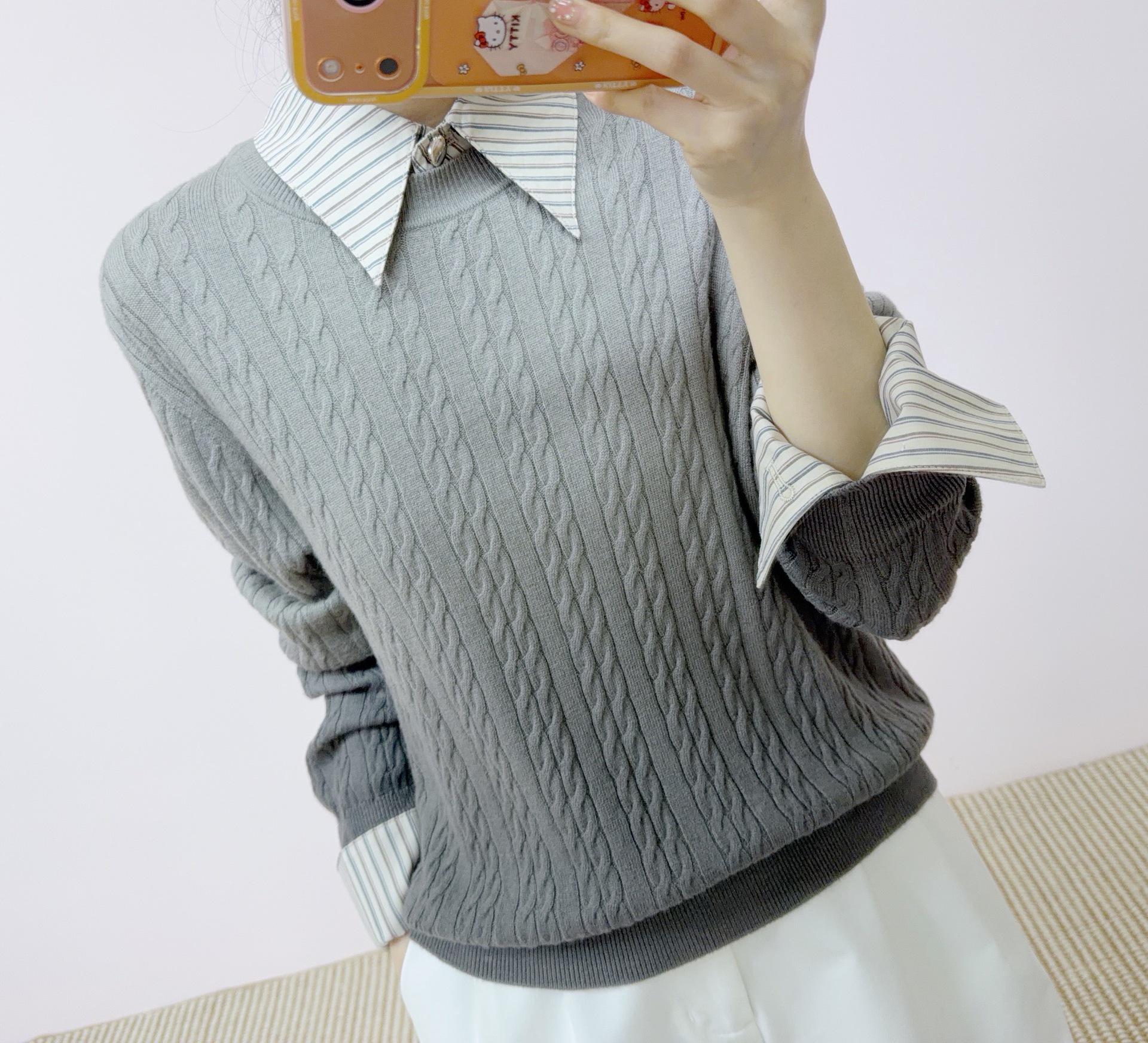 

2026 Spring Patchwork College Style Shirt Collar Sweater XL (up to 70kg) колір морської хвилі/сірий колір