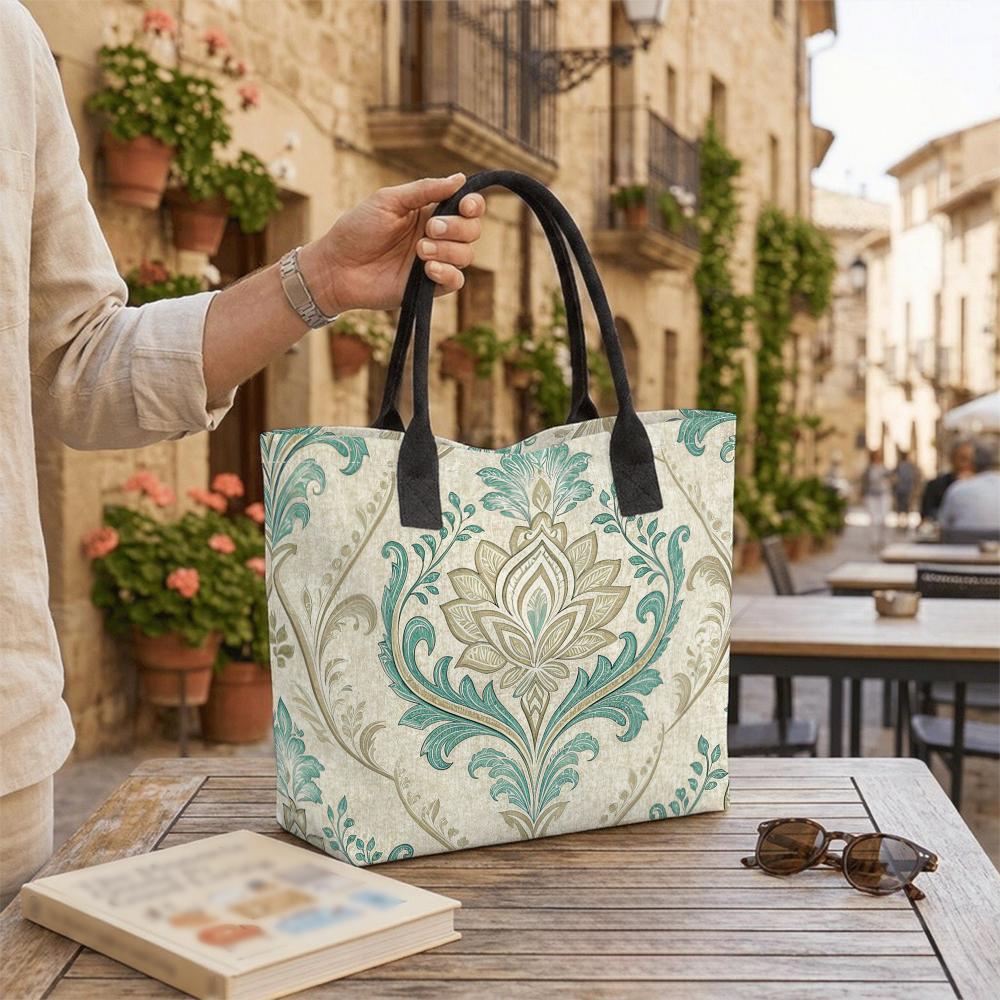 Boho Floral Canvas Tote Bag Large Casual Shoulder Handbag for Daily Use
