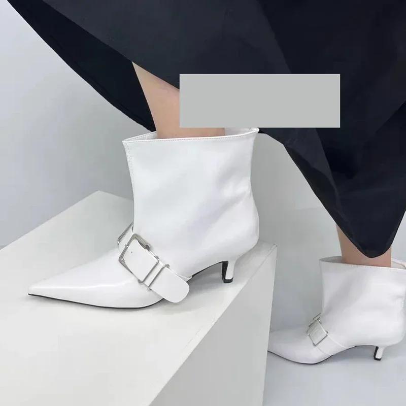 Pointed Toe Metal Buckle Strap Short Boots for Female Women Thin High Heel 2024 New Leather Fabric Elegant Sexy Winter Shoes