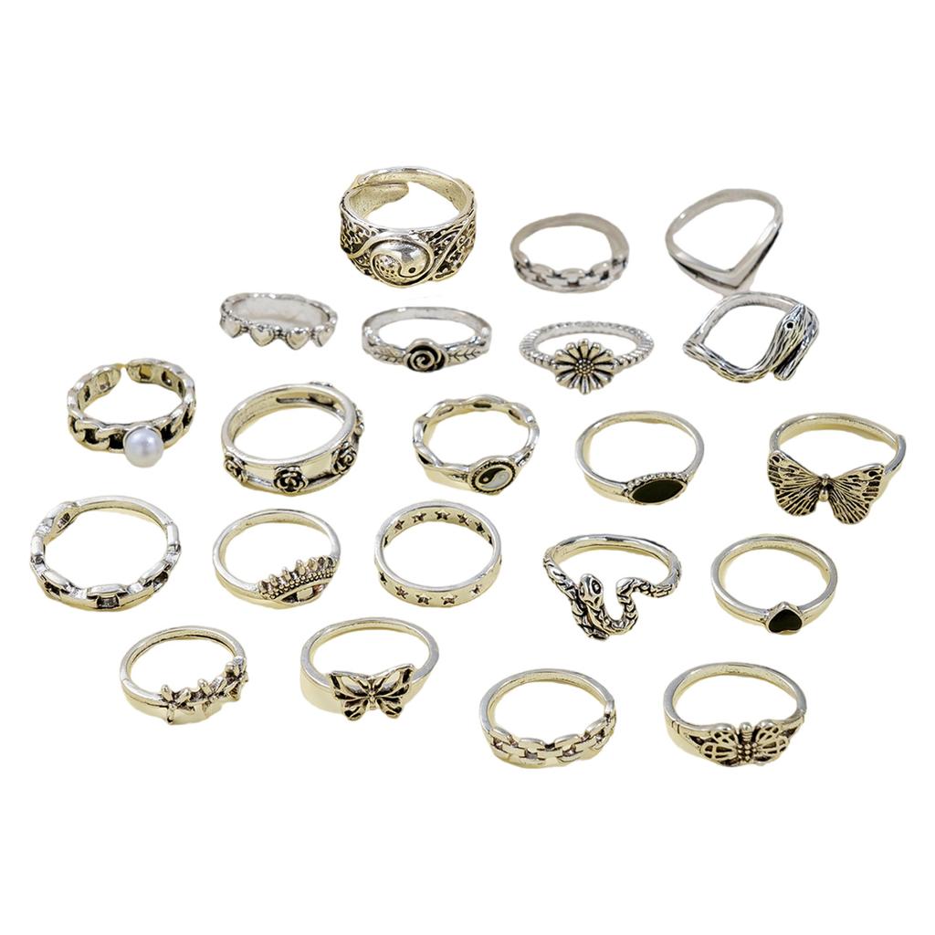 21 Pieces Vintage Butterfly Heart Rings Set Decoration for Trendy Women Adjustable Sturdy Alloy Jewelry Pieces
