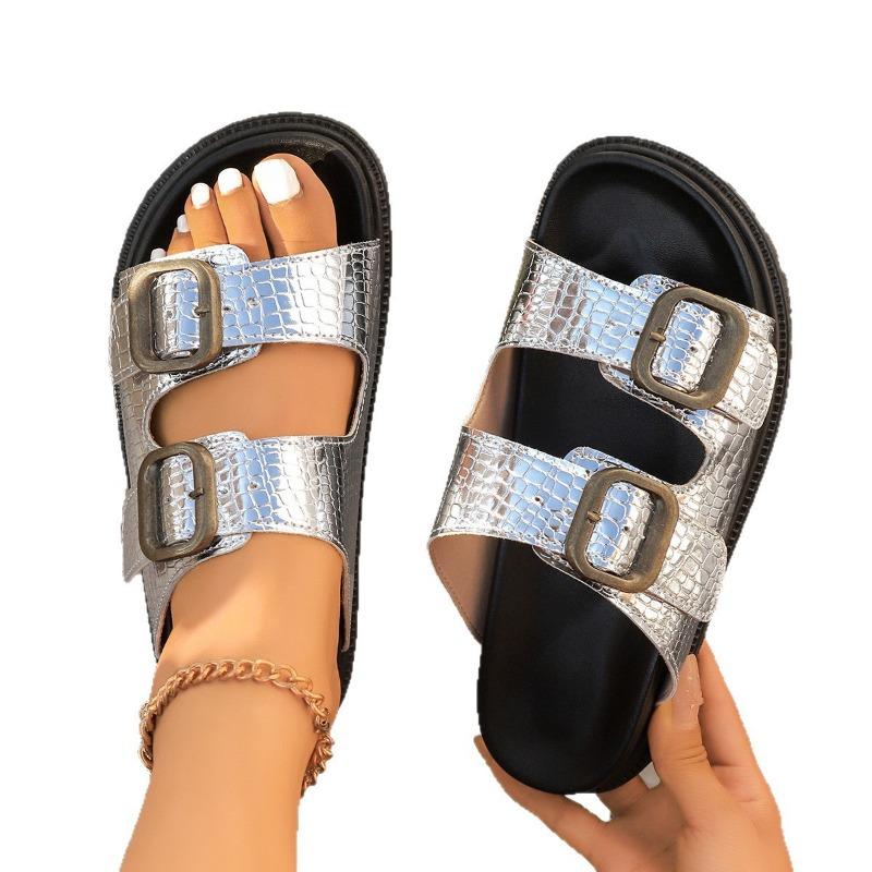 Summer new large size outer wear thick bottom solid color metal belt buckle open toe casual cool slippers
