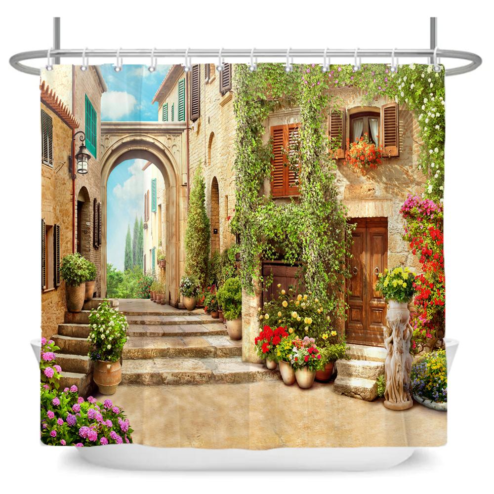 Beautiful Seaside Garden 3D Print Shower Curtain Rural Flower Scenery Bathroom Waterproof Bathtub Curtain Home Decor With Hooks