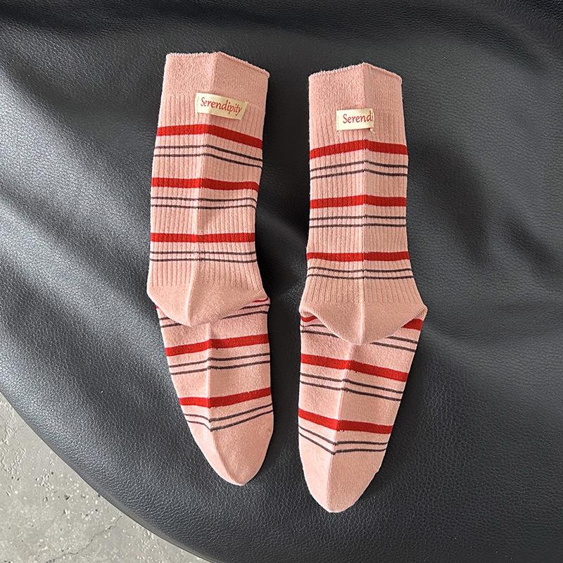 Cartoon Puppy Embroidery Cute Socks Women Autumn and Winter Middle Tube Socks Korean Striped Cotton Knitted Elastic Long Socks