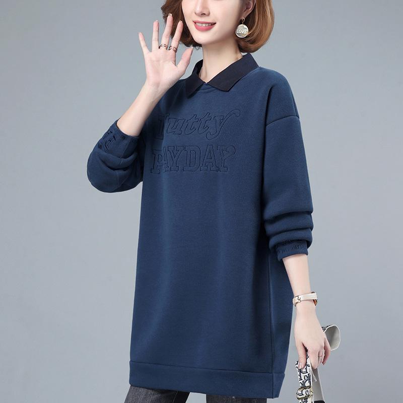 

Женский свитшот с флисовой подкладкой и воротником Питер Пэн - средней длины, свободного кроя для осени/зимы XL (for 130-145 lbs) синий