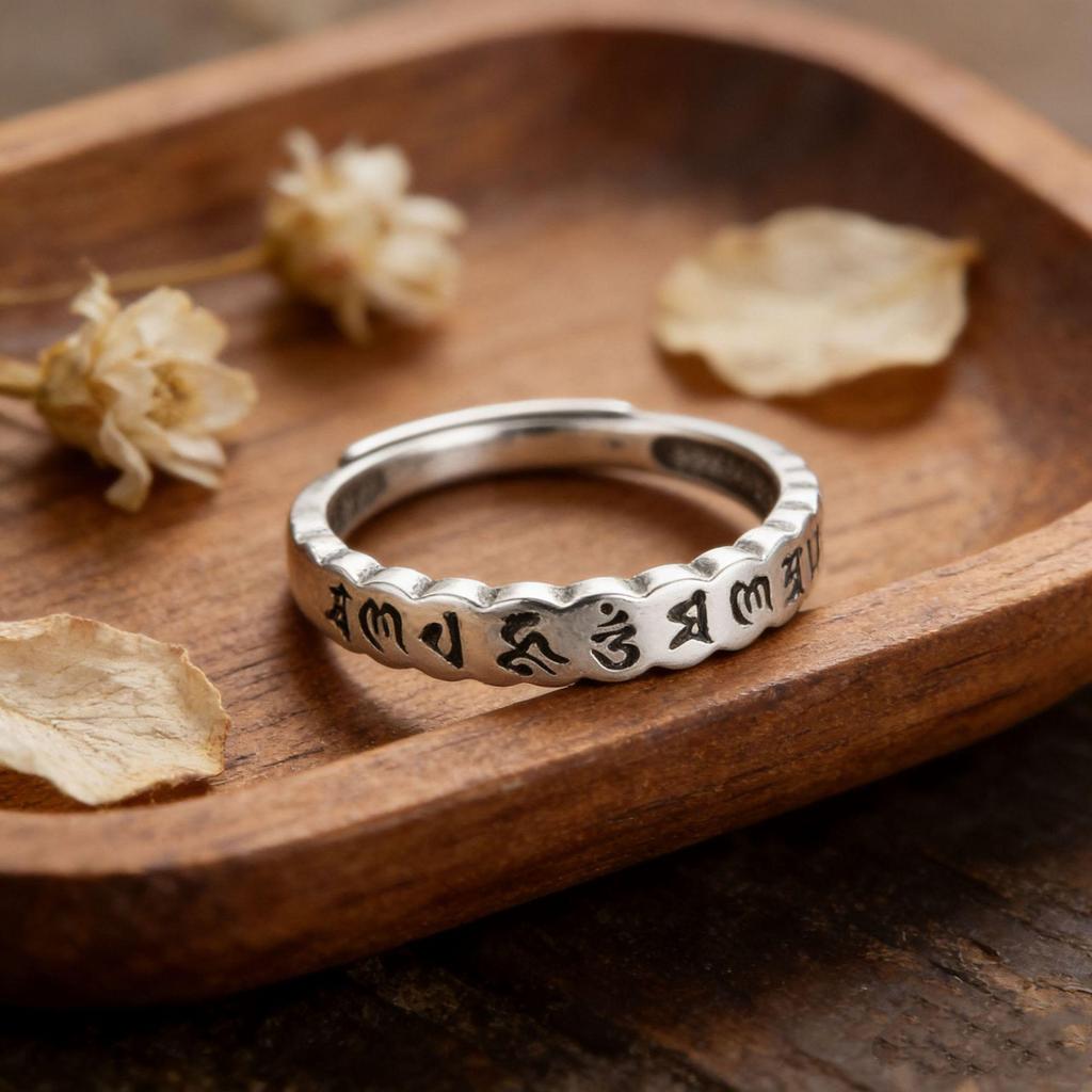 CaiYi S925 Sterling Silver Six-Character Mantra Adjustable Ring - Retro Distressed Chinese Niche Design Jewelry.