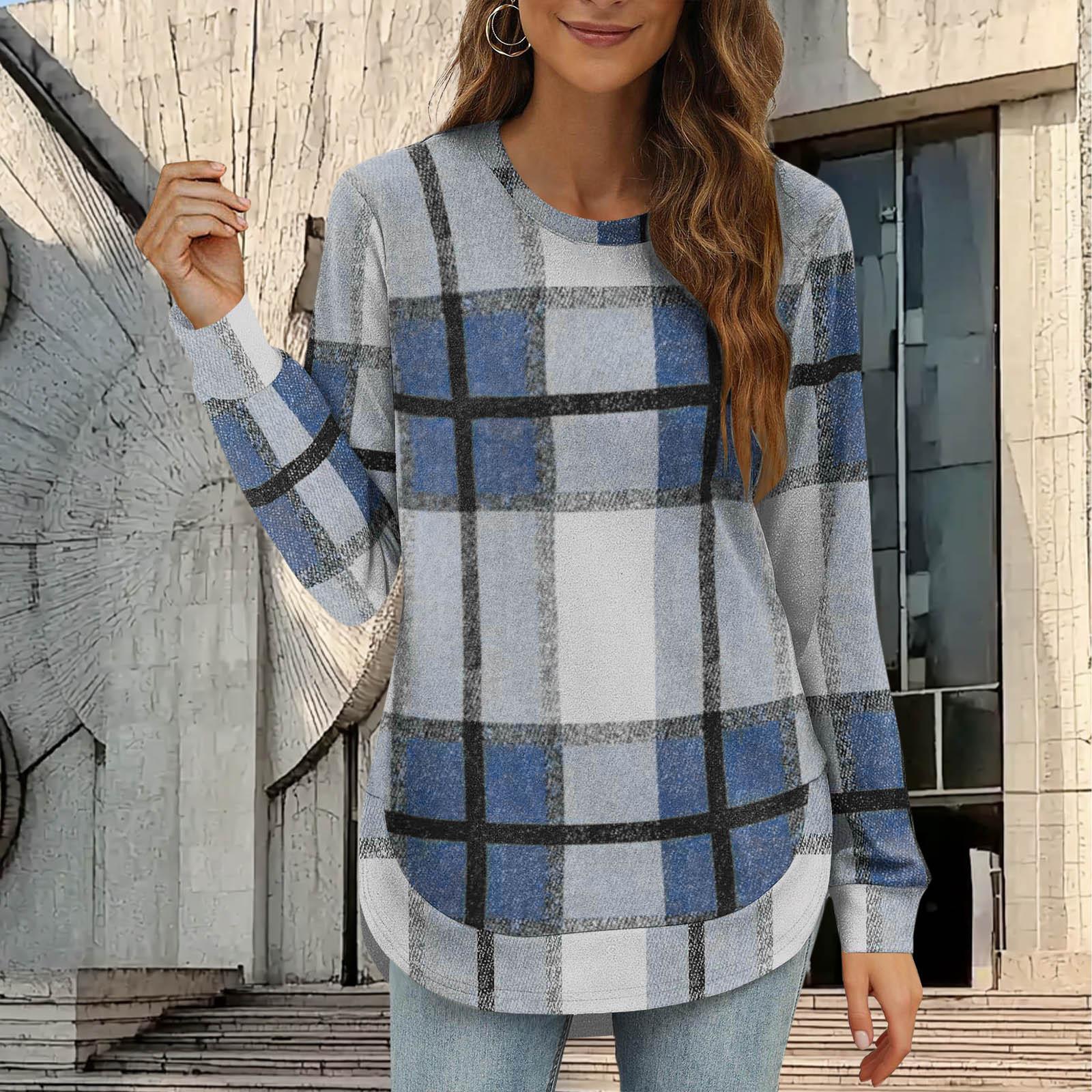 

Women s Casual Oversized Plaid Long-Sleeve Round Neck Asymmetric Base Layer Top M