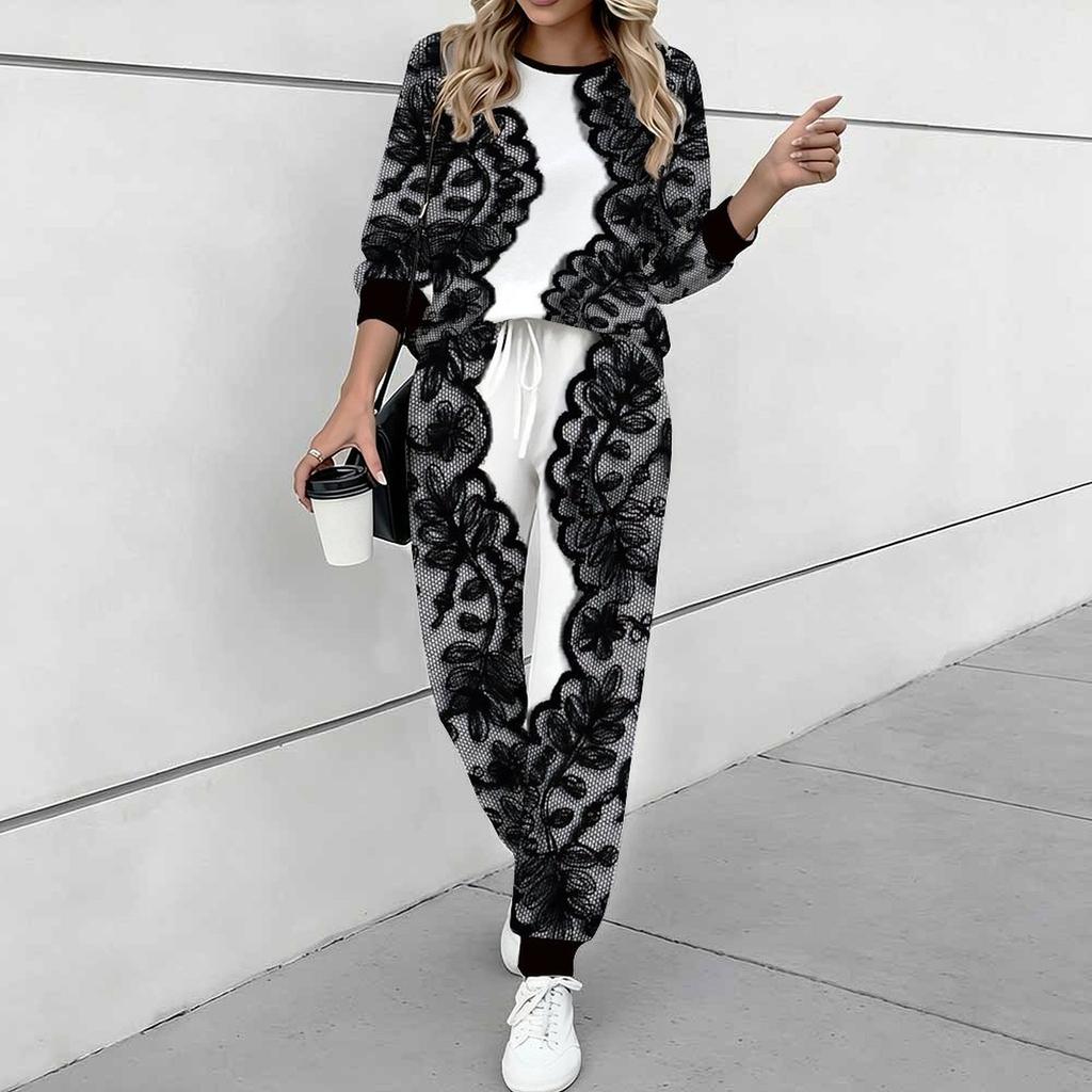 Women Leopard Print Two Piece Outfit, Long Sleeve Crew Neck Top & Drawstring Jogger Pants Casual Tracksuit for Spring Autumn