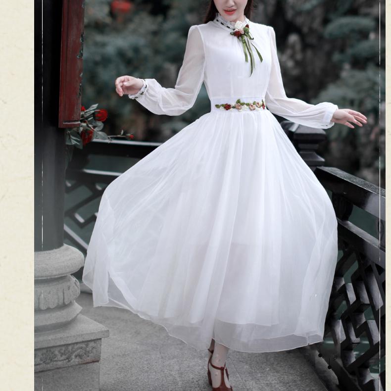 Vintage francouzské šifonové vyšívané maxi šaty s dlouhým rukávem pro ženy