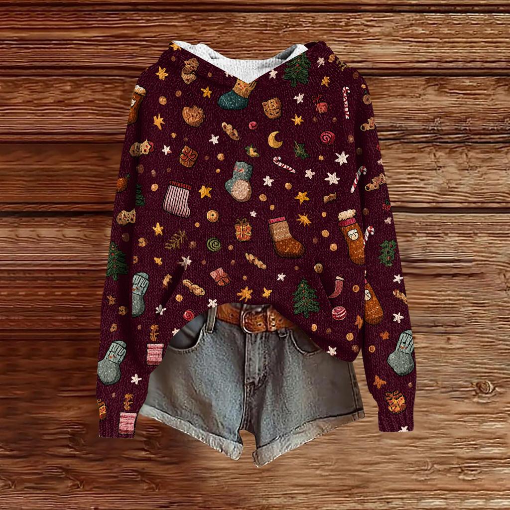 Women's Fashion Casual Long Sleeve Christmas Print Hooded Knitted Sweatshirt