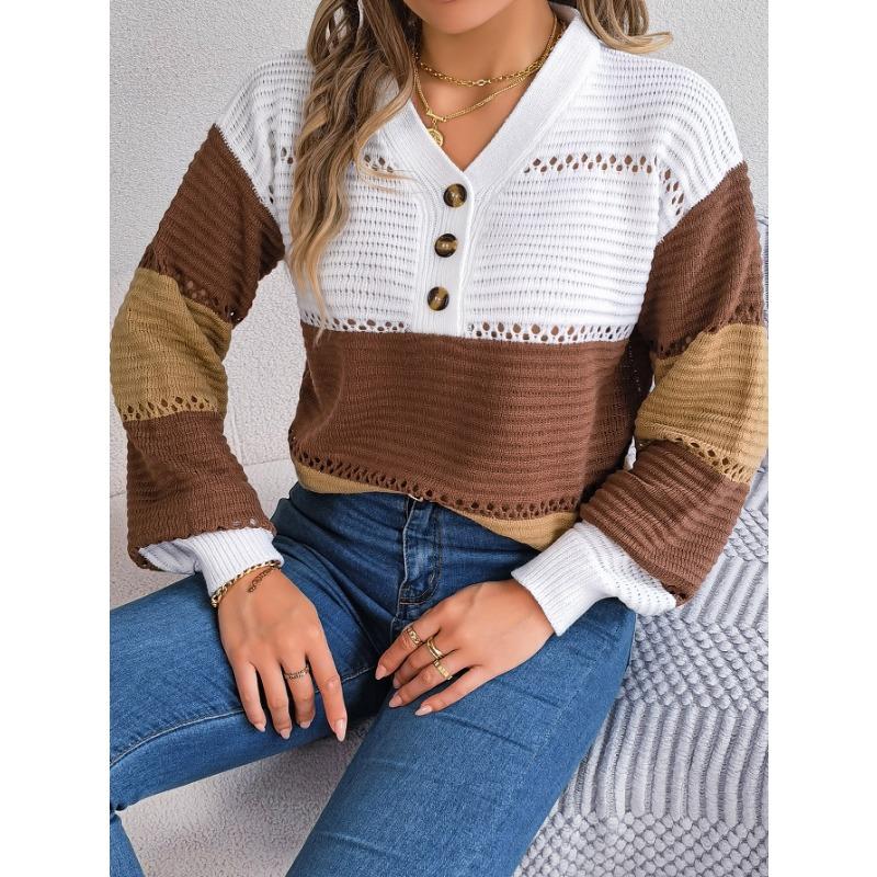 Autumn and Winter Casual Button V-neck Cut-out Color Lantern Sleeve Pullover Sweater Women's Wear