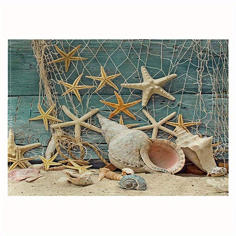 1pc Vintage Ocean Style Encrypted Linen Placemat, Summer Style Seahorse/Starfish/Seashell/Conch Table Mat, Tabletop Protection