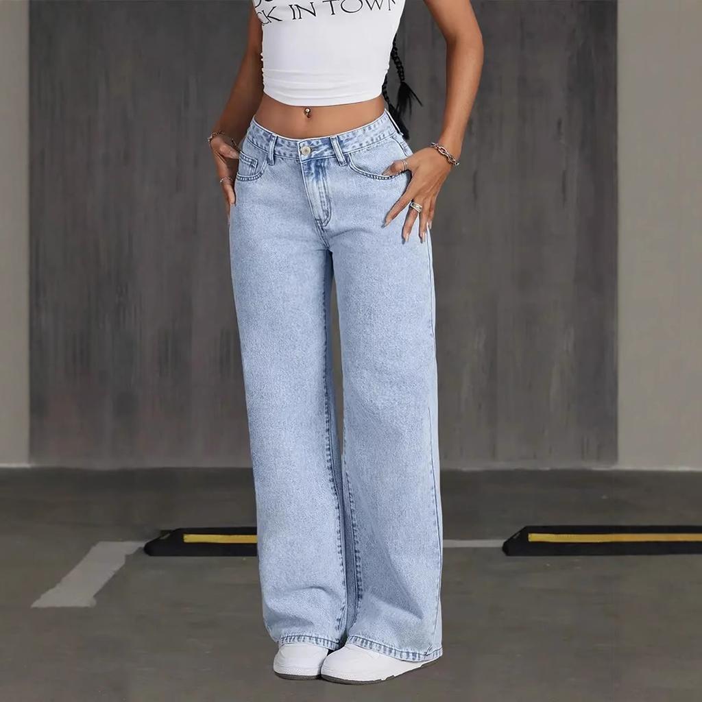 2026 New Women's Wide Leg Jeans, Slim Fit Stretch Denim Light Blue Casual Trousers with Multiple Design Details (S-2XL)