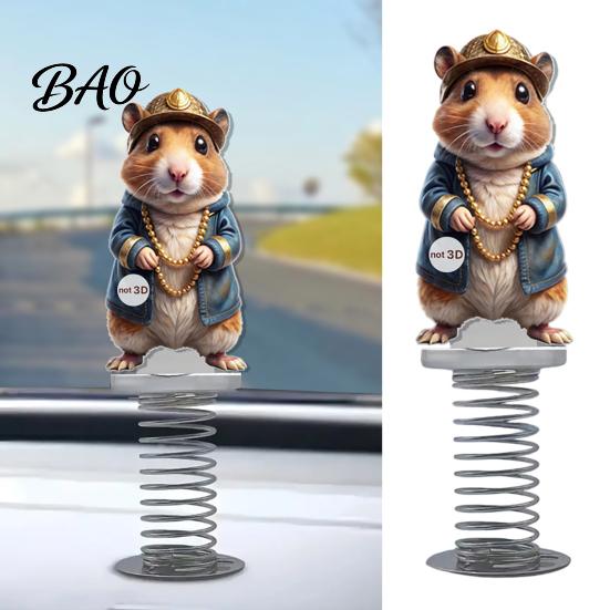 Cute Hamster Figurine Rat Car Dashboard Ornament, Funny Animal Decoration with Gold Beads Chain, 2D Flexible Spring Base Ornament Flat Acrylic