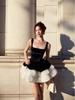 Elegant European-American Velvet Color Block Puff Sleeve Strappy Dress