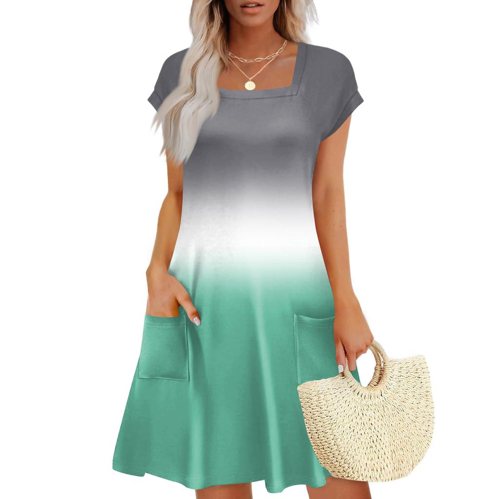 Summer Dresses For Women Loose Square Neck Cap Sleeve Casual Beach Vacation Tshirt Dress Sundresses With Pockets