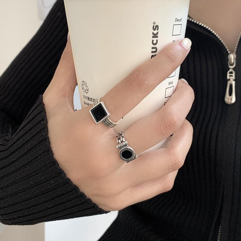 Retro Geometrischer Schwarzer Offener Ring mit Römischen Ziffern - 925 Silber Damen Mehrschichtiger Hip Hop Zeigefingerring