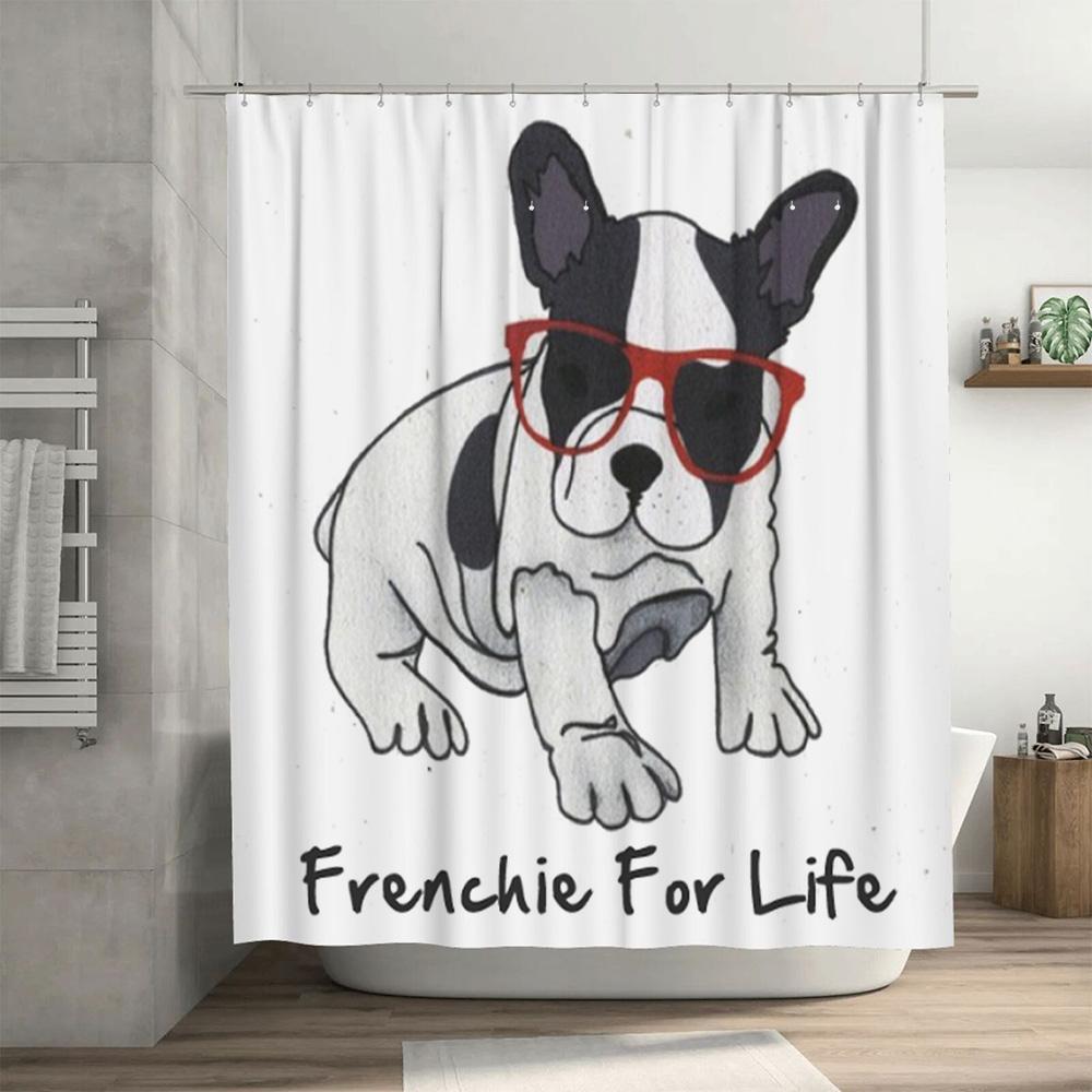 Adorable Frenchie Dog Shower Curtain for Home Decor French Bulldog Print Bath Liner with Hook Rings