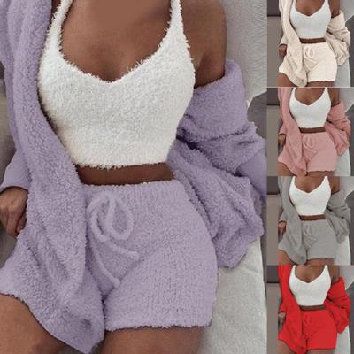 Set de haine de iarnă pentru femei de pluș, sexy, cu decolteu în V, pantaloni scurți