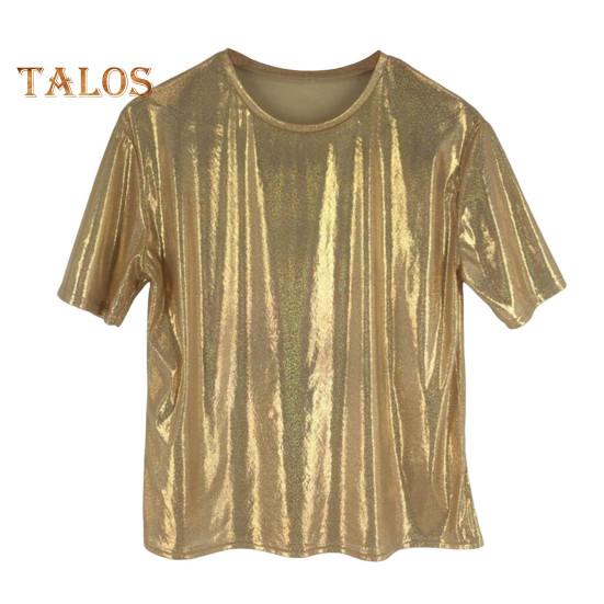

Женская футболка для выступлений с круглым вырезом и коротким рукавом, свободная посадка, блестящая Светоотражающая футболка, пуловер для вечеринок, танцев, топы золотистый