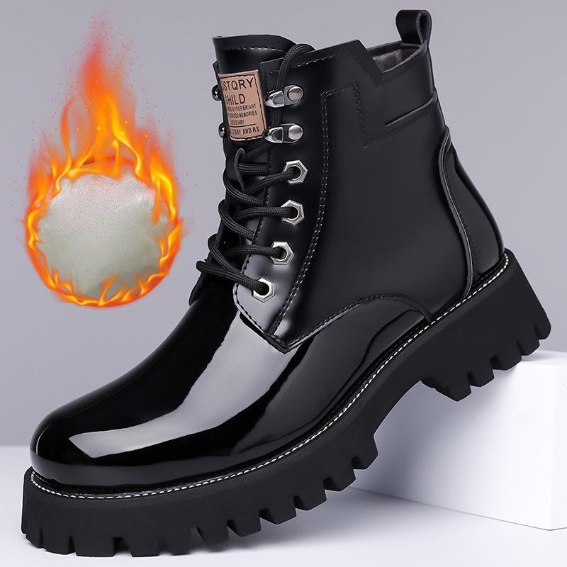 

Winter Mens High Top Thermal Boots Plush Lined Snow Shoes Patent Leather Casual Non-Slip Waterproof Warm Comfortable Ankle Boots 38