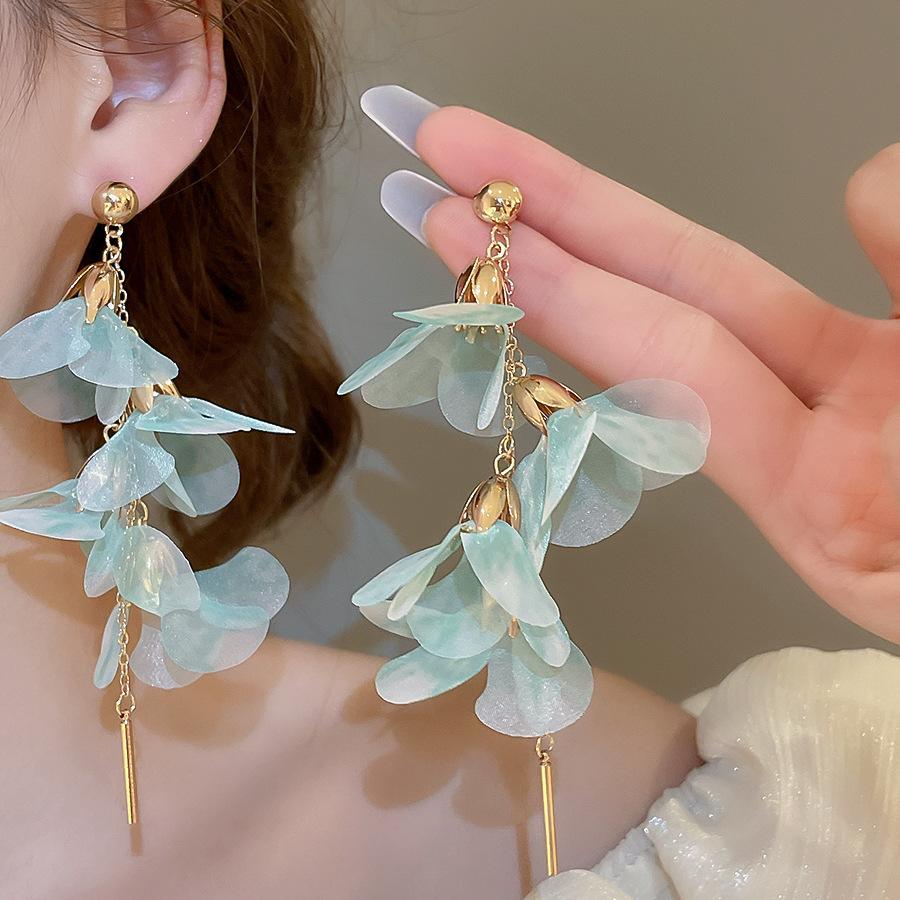 

Sweet Pink Blue Flower Earrings for Women Yarn Mesh Long Tassel Earring Pendientes Mujer Fashion Y2K Jewelry Holiday Accessories зелёный