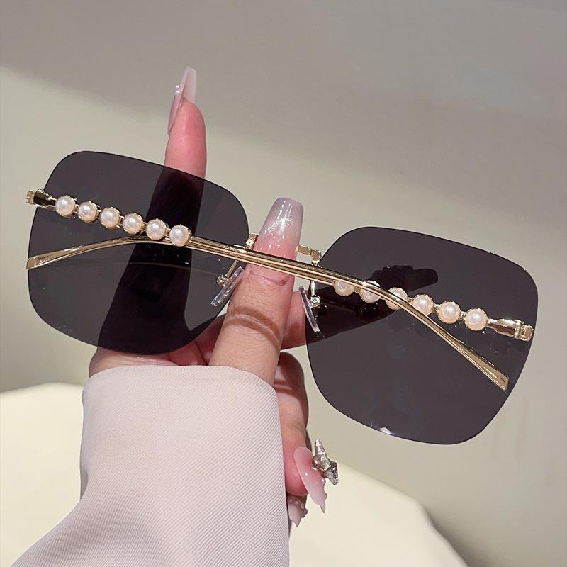 Vintage Rimless Oversized Square Sunglasses Women For Men Luxury Brand Designer Sun Glasses Punk Popular Pearl Metal Shades