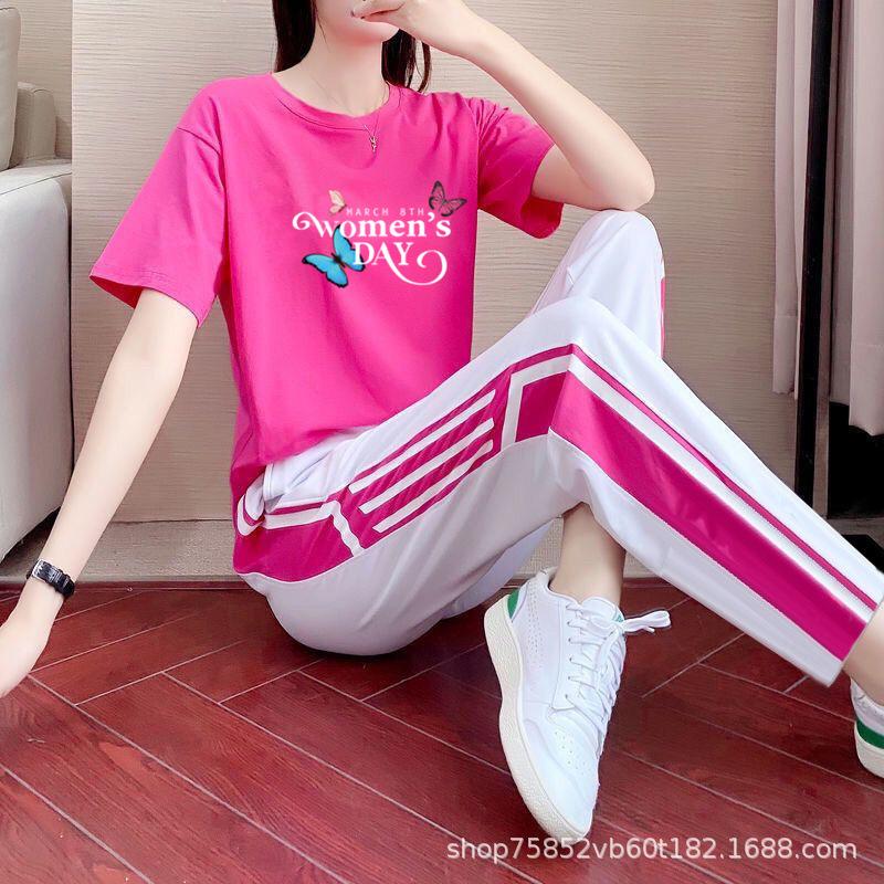 Sports Hong Kong style suit women's summer new high-end short-sleeved top straight-leg pants fashion casual loose two-piece set