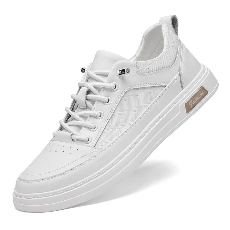 Men's Genuine Leather Slip-On Casual White Board Shoes, Size 45, Trendy No-Tie Design for Spring and Autumn