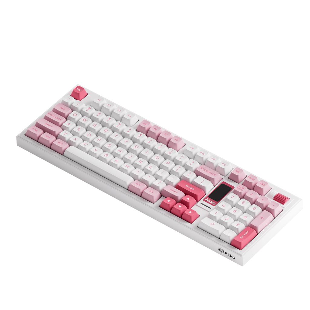 Teclado Akko 5098B Prunus Lannesiana Custom com Botão Giratório Vertical, Carregamento Rápido, Cor Rosa, com Tela TFT