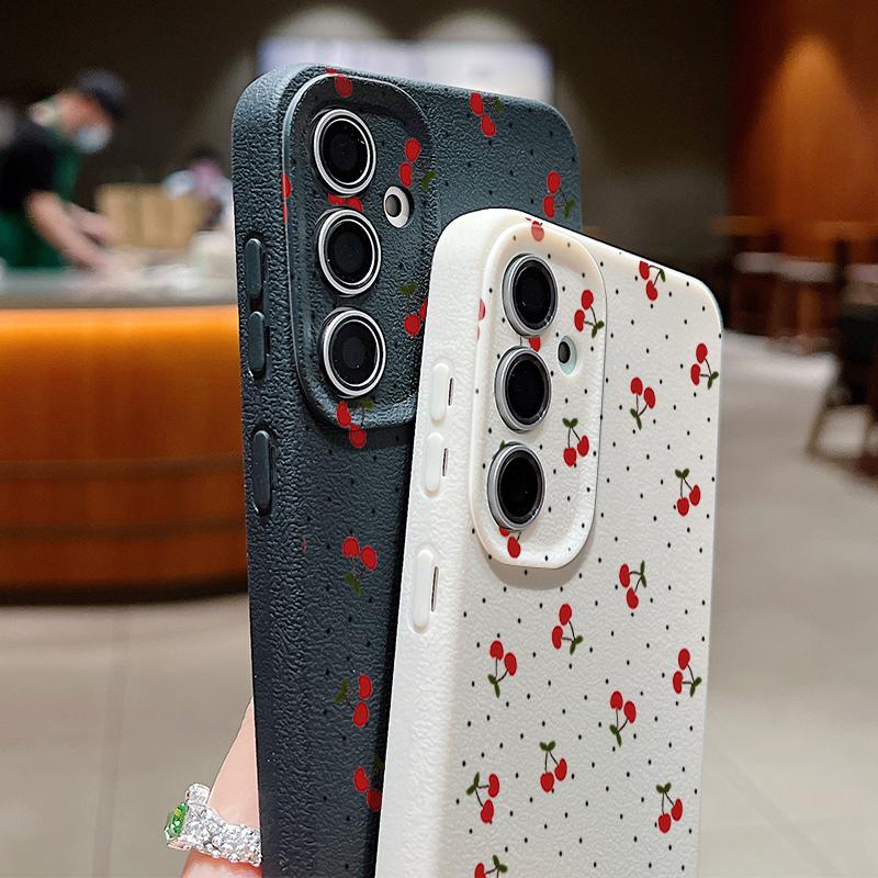 Litte Cherry Pattern Leather Texture Plain Color Shell for Samsung S25 Ultra S24 Fe S23 S22 A56 A16 A15 A55 Soft Silicone Shockproof Matte Case