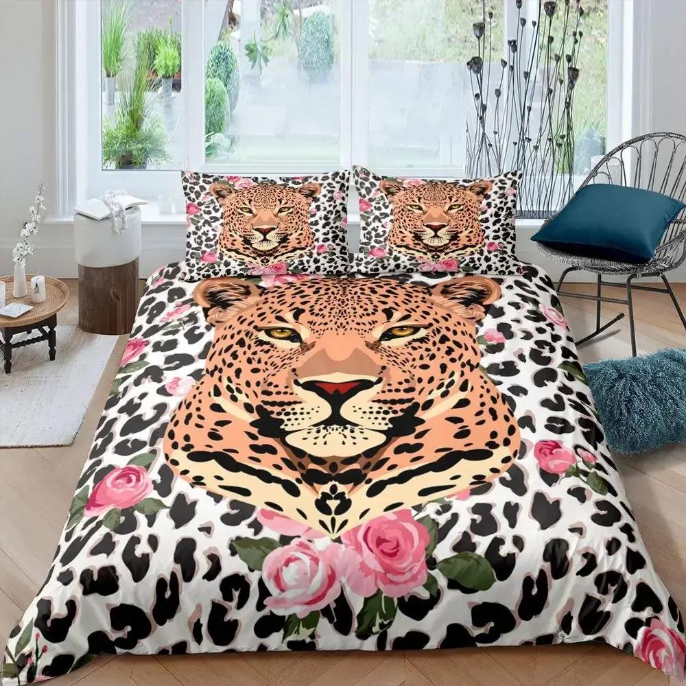 Leopard Comforter Cover King Queen Full Cheetah Bedding Set African Savanna Animal Duvet Cover Rose Flower Polyester Quilt Cover