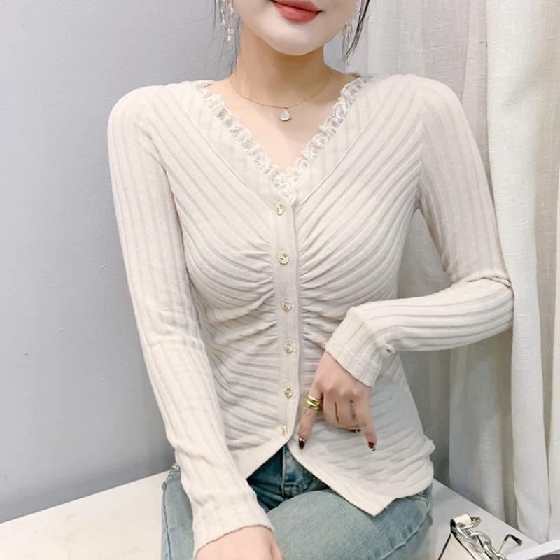 

Новий Весняно-Осінній Корейський Шик Сексуальний Кардиган на ґудзиках з V-подібним вирізом Футболка Жіноча Повсякденна Модна Жіноча Топ Одяг з Довгим Рукавом L бежевий