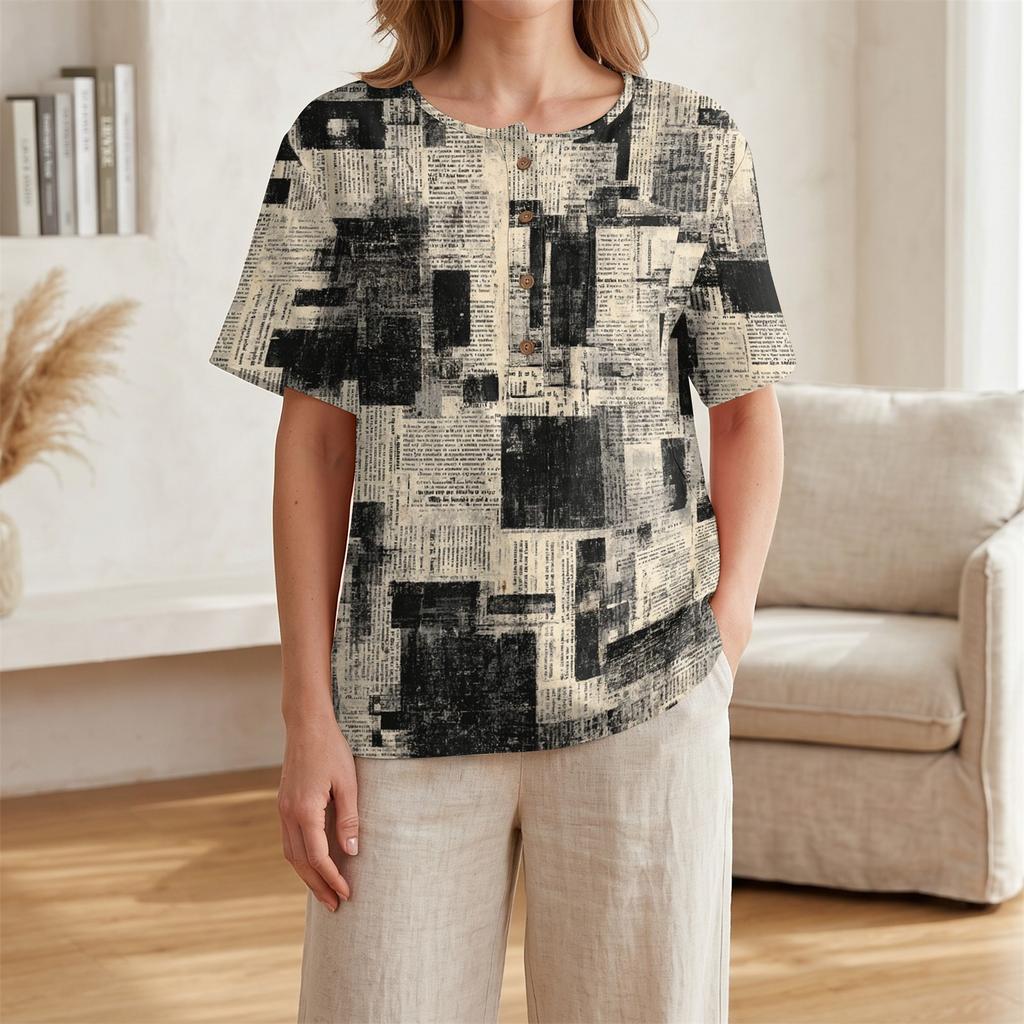 Damen Kurzarm Baumwoll-Leinenhemd mit Modischem Print Henley Knopfleiste und Brusttasche Lockerer Schnitt Lässiges Oberteil