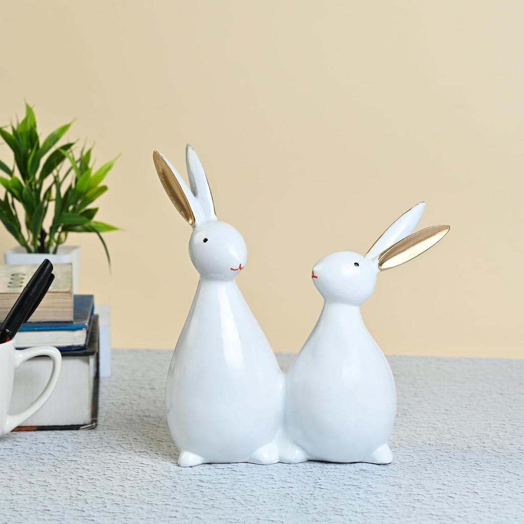 Cute White Rabbit Pair Showpiece – Decorative Bunny Figurines for Home, Bedroom, Living Room & Office Desk | Feng Shui Good Luck Gift,