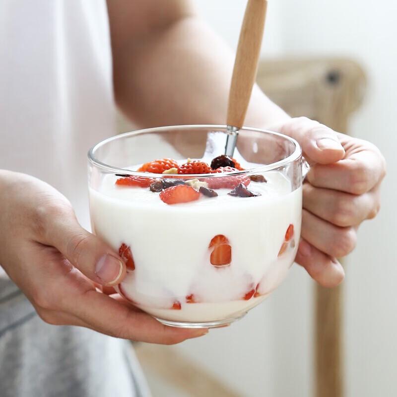Große japanische Frühstückstasse aus gehärtetem Glas mit Bambusdeckel & Holzlöffel
