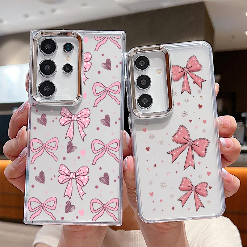 Pink Bowknots Print Case For Samsung S26 S25 Ultra S24 FE S23 Plus S22 S21 A15 A16 A17 A35 A36 A37 A54 A55 A56 A57 5G Plating Lens Soft Cover