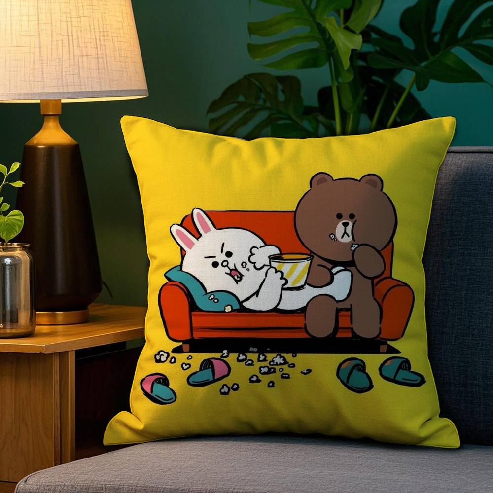 B-Brown Bear and C-Cony Pillow Case Plush Fabric Soft Double Sided Print Sofa Cushion Cover Throw Pillow Covers