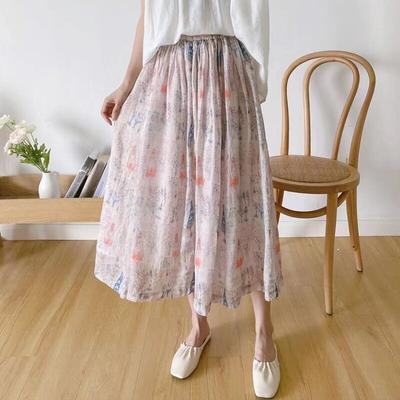Summer Vintage Print Women Loose Skirts Mori Elastic Waist All Match Skirts