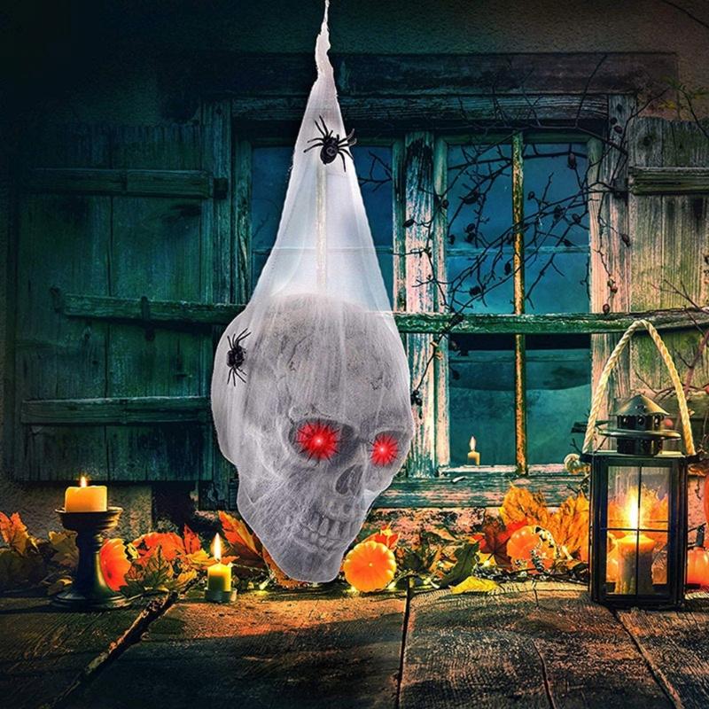 Spooky Halloween Yard Decors Spooky Halloween Party Accessory Skull Ornament with Cobweb and Sound Interaction